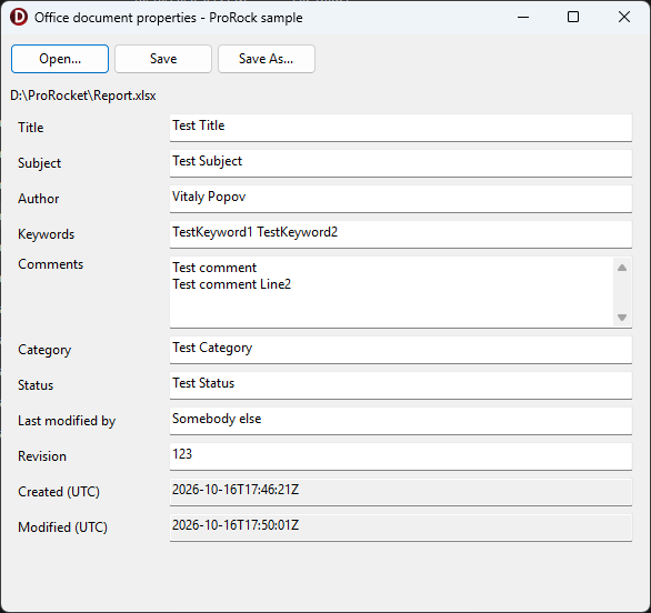 The DocumentProperties sample with an .xlsx file open: title, subject, author, keywords, comments and the other core properties