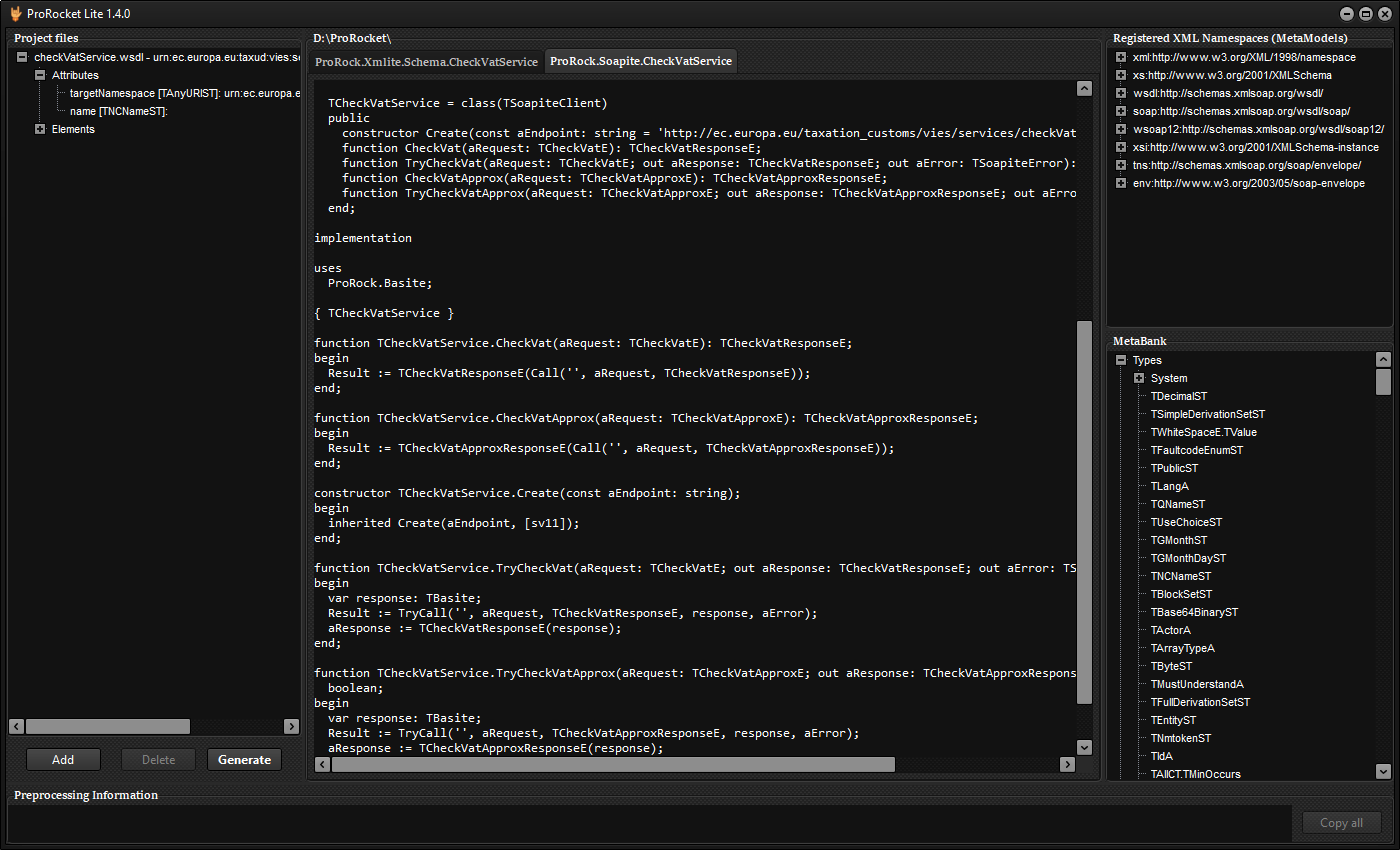 ProRocket Lite: the EU VIES WSDL generated, the client unit with CheckVat and TryCheckVat in the code preview